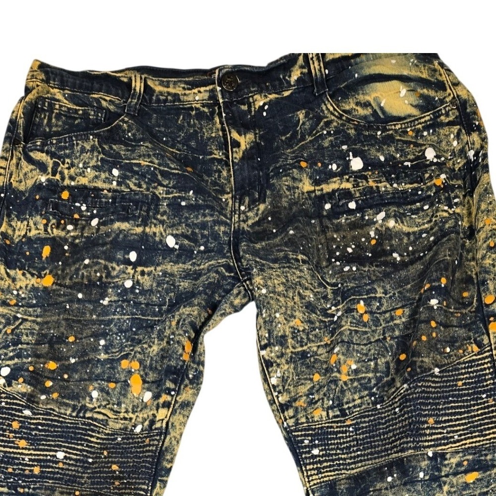 Red Ape Mens Acid Wash Moto Biker Jeans Paint Splatter Blue‎ Yellow Size 40